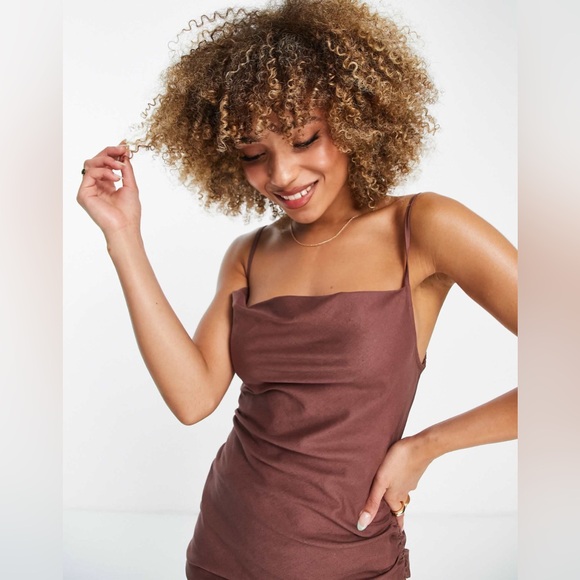 NWT ASOS Design Cowl Neck Beach Mini Dress “Brown” Ruched Tie Side Low Back Sz 0 - Picture 8 of 15